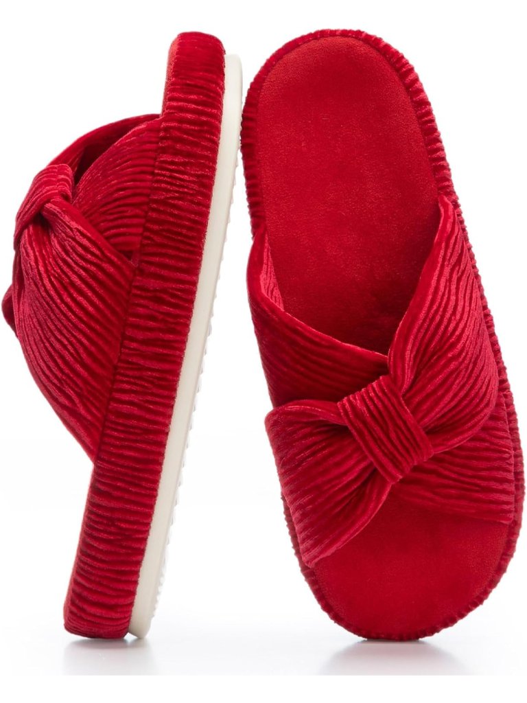 Women's Pearlescent Red Memory Foam Corduroy Bow Crossbands Comfy Slippers